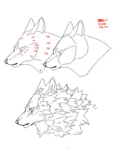 two drawings of wolfs with red spots on their faces