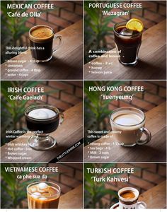 the different types of coffees are shown in this photo, including two cups and one cup