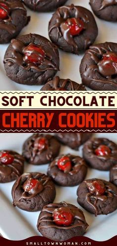 chocolate cherry cookies are on a white plate