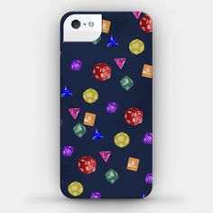 an iphone case with colorful dices and diamonds on it, against a dark blue background