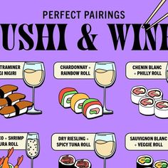 sushi and wine poster with the words perfect pairings in different languages on it