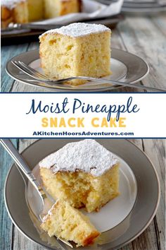 two slices of pineapple snack cake with powdered sugar on the top and bottom