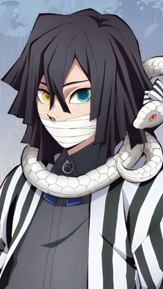 an anime character with a snake wrapped around his neck and wearing a striped shirt, black hair