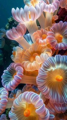 an underwater scene with corals and seaweed in the water, looking like they are floating