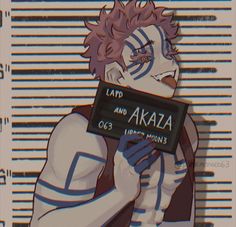 an anime character holding up a sign that says land and aza in front of him