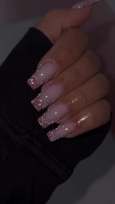 Banquet Nails, Sparkly Acrylic Nails, Glitter French Nails, Bridesmaids Nails, Pink Glitter Nails, Classy Acrylic Nails, French Nail, Sparkly Nails, Pink Acrylic Nails