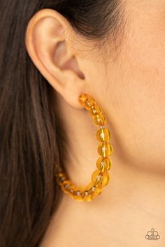 In The Clear Orange Earrings - Jewelry by Bretta Paparazzi Jewelry Images, Trendy Fringe, Clear Earrings, Orange Crystals, Orange Earrings, Yellow Earrings, Paparazzi Accessories, White Rhinestone, Beaded Hoop Earrings