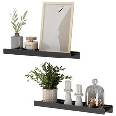 two black shelves with plants, candles and pictures on them in front of a mirror