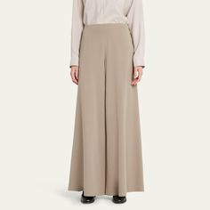 THE ROW "Dela" pants Mid rise sits high on hip Flat front Side split pockets Wide legs Full length Hidden closure Wool Lining: Silk Made in Italy Wide Legs, Side Split, Bergdorf Goodman, Wide Leg Pants, The Row, Mid Rise, Full Length, Tops Designs, Wide Leg