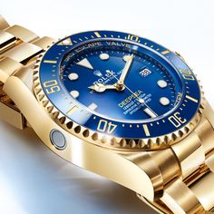 The new @Rolex Deepsea artfully combines 18ct yellow gold and shades of blue. The compression ring is made from blue ceramic, a technical innovation that marks a new way of integrating this material into the watch case. The helium escape valve, which works to protect the integrity of the watch during decompression, is manufactured in RLX titanium. 

#AlexandersJwlrs
#OfficialRolexJeweler
#Rolex #RolexDeepsea #WatchesandWonders2024 Rolex Deepsea, Rolex Watches Women, Swiss Luxury Watches, Swiss Luxury, New Rolex, Rolex Models, Rolex Oyster Perpetual, Clock Face, Blue Ceramics