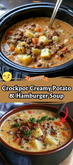 Crockpot Creamy Potato & Hamburger Soup Crock Pot Creamy Potato And Hamburger Soup, Crockpot Potato Hamburger Soup, Crockpot Creamy Potato Hamburger Soup, Potato Hamburger Soup Crockpot, Crockpot Creamy Potato And Hamburger Soup, Crockpot Creamy Potato & Hamburger Soup, Crockpot Hamburger Meat Recipes, Crockpot Hamburger Soup, Hamburger Soup Crockpot