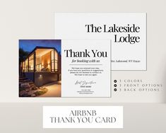 the lakeside lodge thank you card is displayed next to an image of a house with its lights on