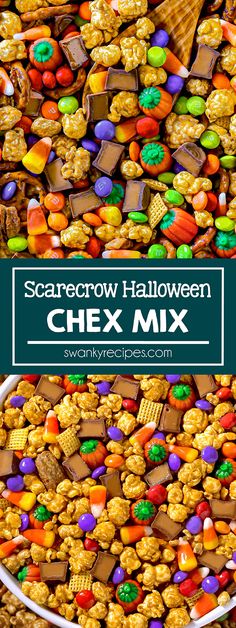 a bowl full of halloween candy with the words scarecrow halloween chex mix above it