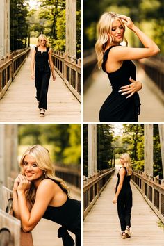 four photos of a woman posing on a bridge with her hands in her hair and looking at the camera