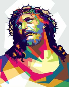 the face of jesus with many colors and shapes on it's face, as if he