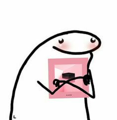 a drawing of a stick figure holding a pink object in his hand and looking at the viewer