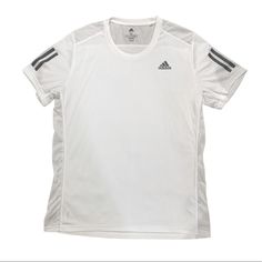 Never Worn White Adidas Workout T-shirt, Adidas Crew Neck Running T-shirt, Adidas Breathable Crew Neck T-shirt, Adidas Athleisure T-shirt With Go-dry, Adidas Breathable Short Sleeve T-shirt, Adidas Moisture-wicking Short Sleeve Activewear, White Tops With Three Stripes Branding For Workout, White Adidas Logo T-shirt For Workout, Adidas Logo White T-shirt For Workout