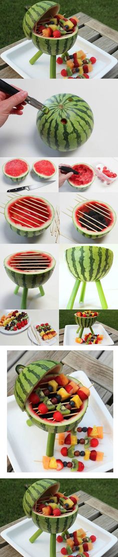 the process of making watermelon skewers is shown