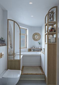 a bathroom with a toilet, sink and bathtub next to an open window in the wall