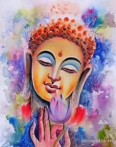 a painting of a buddha holding a flower in his right hand and praying with both hands