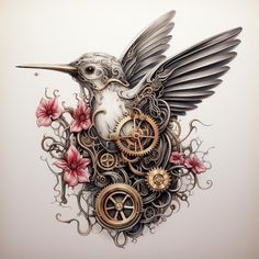 a drawing of a hummingbird with gears and flowers