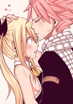 two anime characters one is kissing the other has pink hair and black eyes, while the other