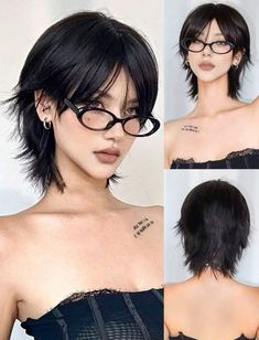 Haircut Model For Women, Short Hair Egirl, Haircut Short Hair Women, Short Haircut Bangs, Short Hair Wolfcut, Hair Styles To Draw, Model Haircut, Makeup Glasses, Short Mullet