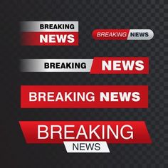 the breaking news banner with red and white text on a dark checkerboard background