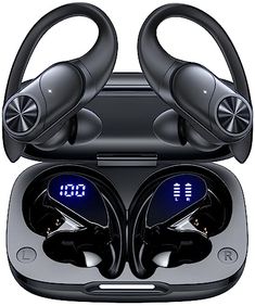 an image of two bluetooth earbuds in the case with digital numbers on them