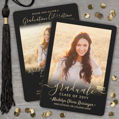 two graduation announcement cards with gold confetti on the side and a black tassel