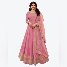 Kameez : Color- Pink / Fabric- Silk Blend Dupatta : Color- Pink / Fabric- Net Bottom : Color- Pink / Fabric- Santoon Pink Long Sleeve Georgette Traditional Wear, Elegant Maxi Length Pink Dupatta, Elegant Pink Maxi Length Dupatta, Unstitched Pink Bollywood Salwar Kameez, Pink Bollywood Style Unstitched Salwar Kameez, Pink Anarkali Set With Long Sleeves, Pink Long Sleeve Georgette Churidar, Pink Maxi Length Kurta With Sheer Dupatta, Pink Maxi-length Kurta With Sheer Dupatta