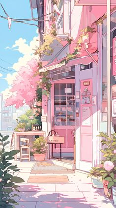 an illustration of a pink store front with flowers on the windows and plants growing outside