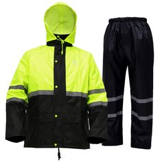 PRICES MAY VARY. WATERPROOF: 150D oxford polyester outer shell + PU coating resists wind and water to keep you dry. INCREASE SAFETY : Rainwear High vis fabric and reflective tapes for added contrast and visibility BUILT TO LAST: Rain Suit black panels on the sleeves and front of jacket to hide dirt and wear for long lasting wear. Unisex design, durable rain suit for men/women. RAIN JACKET: Front zip with snap storm flap. Back cape for ventilation. Adjustable inset hood, with drawstrings and stop Black Waterproof Outerwear, Safety Jacket, Best Rain Jacket, Rain Suit, Waterproof Rain Jacket, Suit For Men, Rain Pants, Suit Black, Rain Gear