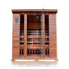 a wooden sauna with glass doors on the side