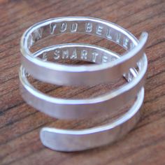 Secret Message Spiral Quote Ring  Hand stamped and by PunkyJane, $65.00 Hand Rings, Steel Stamp, Purple Gift, Spiral Ring, Best Friend Jewelry, Custom Wedding Rings, Michael Kors Jewelry, Ring Hand, Secret Messages