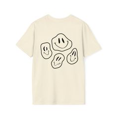 "Black smiley face t-shirt | Acid House | Melting Happy Face T-Shirt | Motivational Shirt | Retro Graphic Tee | Gift For BFF | Unisex Shirt 100% Cotton, Good vibes t-shirt tee Hey, guess what? \"Happyish\" is not just a feeling like when you eat your favorite ice cream; it's a cool way to look at life! And guess what again? You can actually wear this awesome idea with our super-duper comfy t-shirt. The shirt has these super cool smiley faces that are kinda melting. It's like saying, \"Hey, life's not perfect, but that's okay!\" Now, let's talk about how comfy this shirt is!   This shirt feels amazing because it's made of something really soft called 100% ring-spun cotton. But hey, if you pick a grey shirt or a shirt that has a heather color, don't worry! Those shirts are made of a mix of c Fun Relaxed Fit T-shirt With Smiley Face, Relaxed Fit Smiley Face T-shirt, Relaxed Fit T-shirt With Smiley Face, Relaxed Fit Graphic Tee With Cartoon Print, Funny White T-shirt With Smiley Face, Smiley Face Short Sleeve T-shirt For Streetwear, Smiley Face Short Sleeve Streetwear T-shirt, Smiley Face Graphic Tee With Short Sleeves, White Graphic Tee With Smiley Face