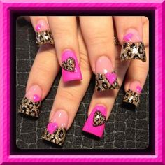 pink and gold nail designs with leopard print on the top, cheetah design on the bottom