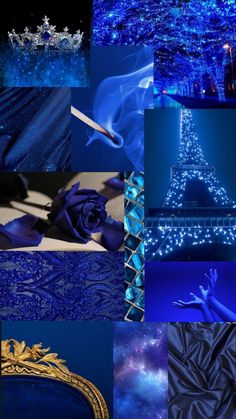 a collage of blue images with the eiffel tower lit up in the background