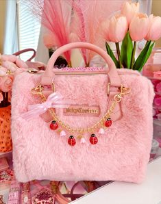 Coquette spring Lady bug purse chain with Red lady bugs, beautiful pink tulips & a gorgeous handmade pink lace bow. This bag charm is definitely a statement piece and will dress up any handbag.  8" wide  Purse in photo not included & only shown for demonstration purposes. Follow my shop to be notified of new releases & exclusive discounts.  Have a blessed day. Beautiful Pink Purses, Pink Bags With Chain Strap As Gift, Pink Bags With Chain Strap For Gifts, Pink Bag With Chain Strap As Gift, Cute Small Pink Bag, Kawaii Items Handbags, Cheap Cute Pink Bag Charm, Coquette Spring, Pink Kawaii Handheld Bag