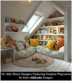 an attic bedroom designs featuring creative playrooms for kids, with bookshelves and toys