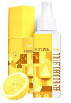 a bottle of lemon flavored deodorant next to an orange slice and box