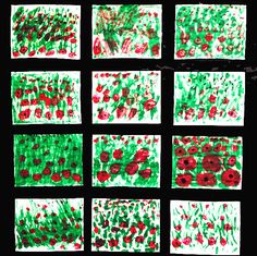 six squares with red and green flowers painted on them