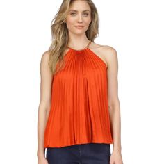 Brand New Size Small Michael Kors Top With Chain Neckline Color Is Terracotta Something Like A Mix Between Crimson Red And Burnt Orange. Great For Fall And The Holidays Silk/Polyester Like Material Casual Orange Sleeveless Halter Top, Chic Orange Sleeveless Blouse, Chic Orange Sleeveless Top, Red Halter Neck Tank Top For Spring, Orange Halter Neck Tank Top For Spring, Orange Sleeveless Tops For Party, Chic Sleeveless Orange Top, Sleeveless Orange Party Tops, Elegant Orange Summer Top