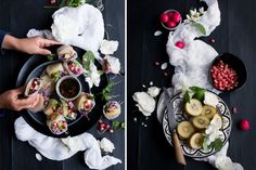 two pictures of food on plates with flowers and fruit