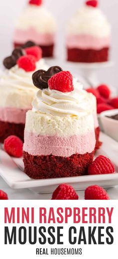 mini raspberry mousse cakes with white frosting and fresh raspberries on top