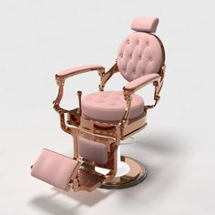 a pink and gold barber chair with foot stools on the bottom, in front of a white background