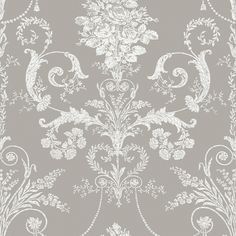 a gray and white wallpaper with an ornate design