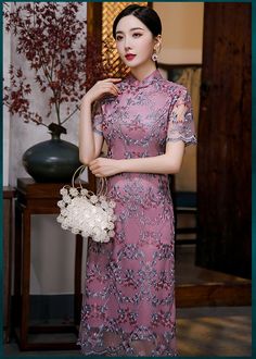 Purple Cheongsam, Formal Fitted Pink Cheongsam, Spring Pink Fitted Cheongsam, Traditional Fitted Pink Cheongsam, Elegant Long Sleeve Pink Cheongsam, Qipao Cheongsam, Qipao Dress, Chinese Design, Purple Lace