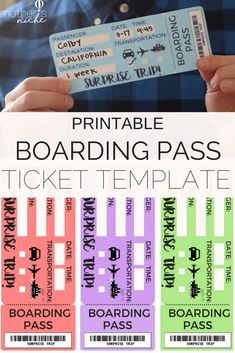 the printable boarding pass is shown in three different colors and font, with an image of