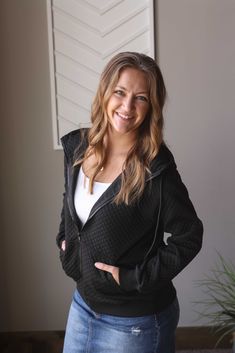 Introducing our Black Quilted Zipper Jacket, the perfect versatile addition to your wardrobe. With a cute quilted texture, convenient pockets, and a cozy hood, this solid black jacket is sure to meet all your needs. Stay stylish and comfortable all day long. The Fit of This Boutique Fall Winter Top: Pictured of a typical Small wearing the Small. See HOW TO MEASURE Here. Flat Across Measurements in Inches Size: Chest Across Waist Across Length Small 20.5 20 25 Medium 21.5 21 26 Large 22.5 22 27 X-Large 24.5 24 28 2XL Winter Skirt Outfits, Casual Mom Style, Style For Fall, Classy Closets, Winter Top, Outfits Modest, Modest Skirts